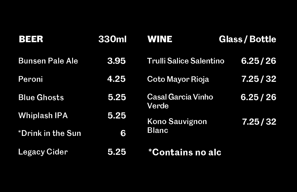 Menu featuring beer, cider, and wine options with prices; includes non-alcoholic and alcoholic drinks.