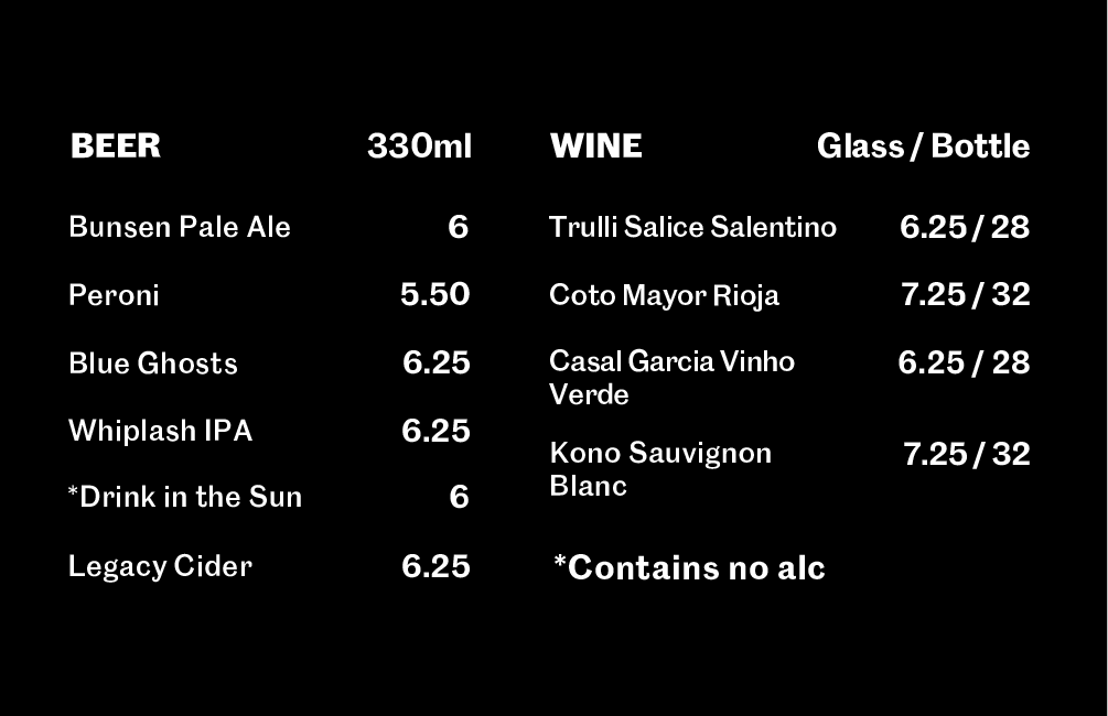 Menu featuring beer and wine options with prices. Includes Bunsen Pale Ale, Peroni, and Coto Mayor Rioja.