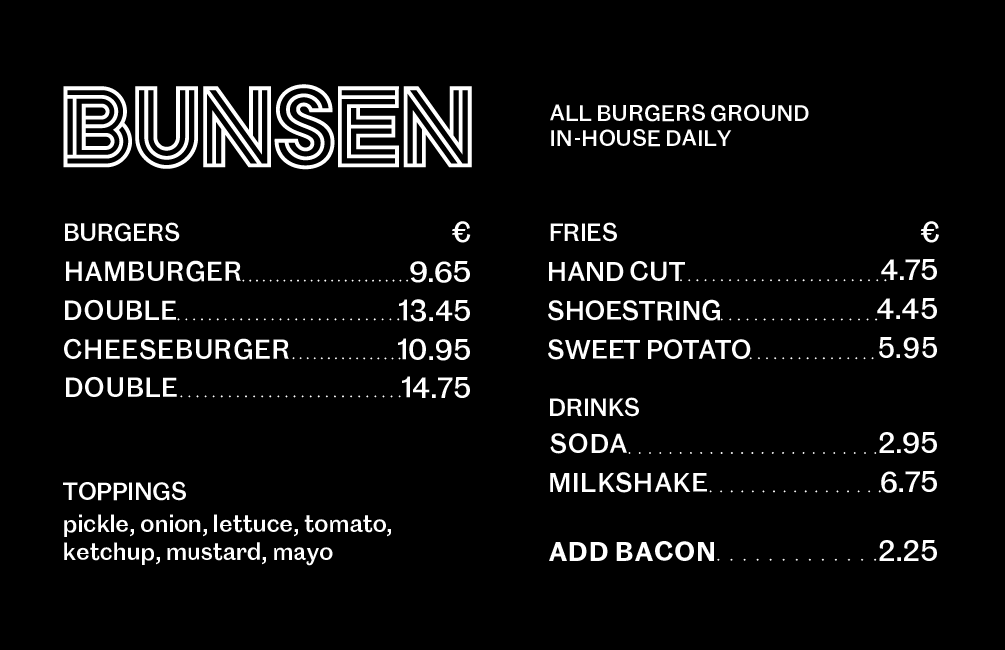Bunsen menu with burger, fries, and drinks prices. Options include cheeseburger, milkshake, and sweet potato fries.